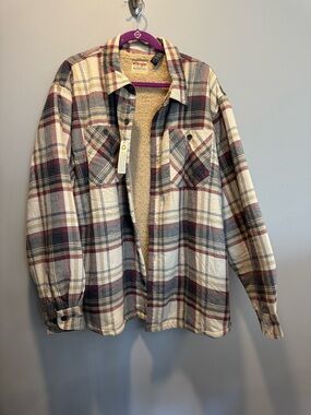 Wrangler Cream & Burgundy Plaid Sherpa-Lined Shirt Jacket